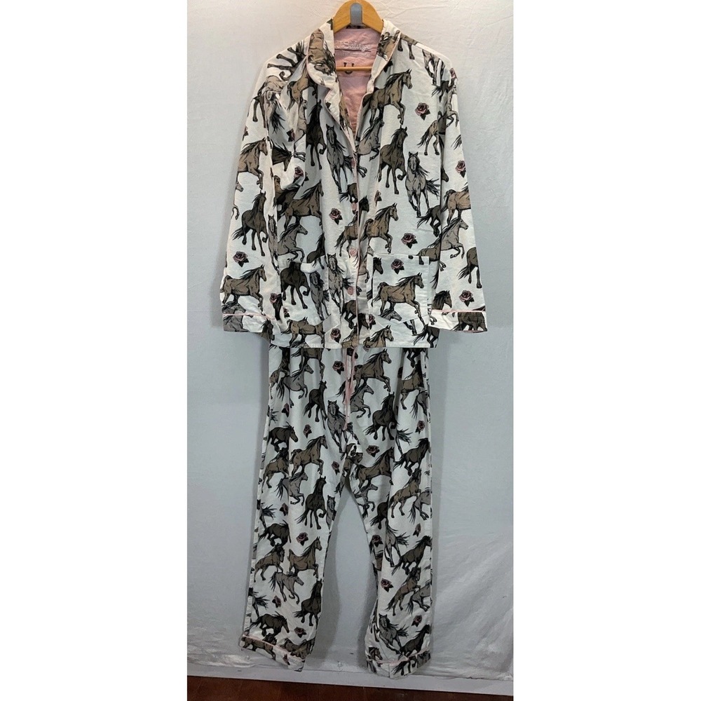 PJ Salvage Horse Rose Print Flannel‎ Pajama Set Sleepwear Womens XL Cozy Western